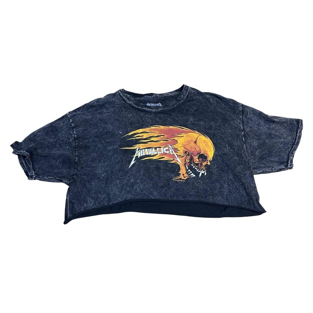 Metallica Band Cropped T Shirt Flame Skull Graphic Black Wash Women's Large
